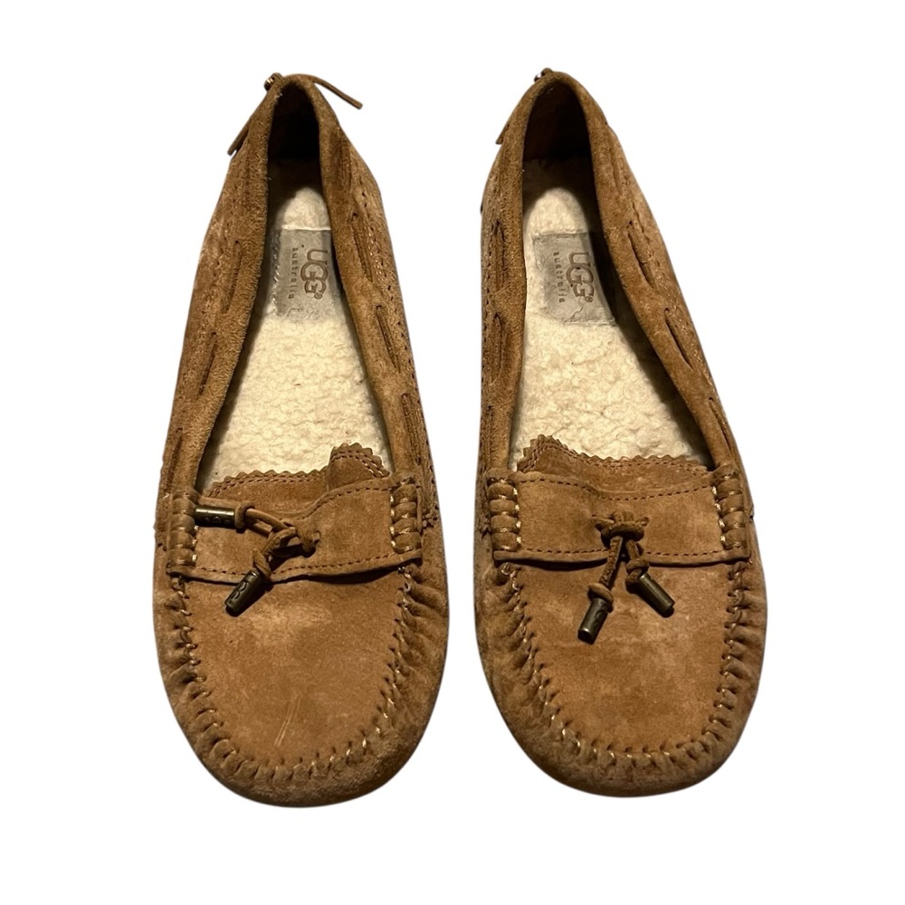UGG Roni Moccasin‎ Loafer Slipper Tan Suede Shearling Womens Size 7.5
